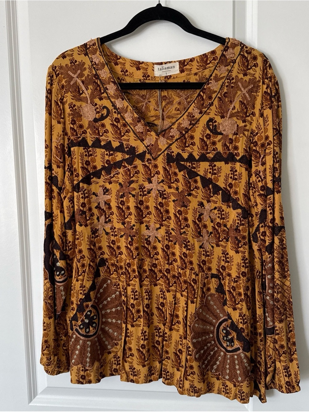 NWT Talisman Boho V-Neck Embroidered Top in Golden Floral Size Large